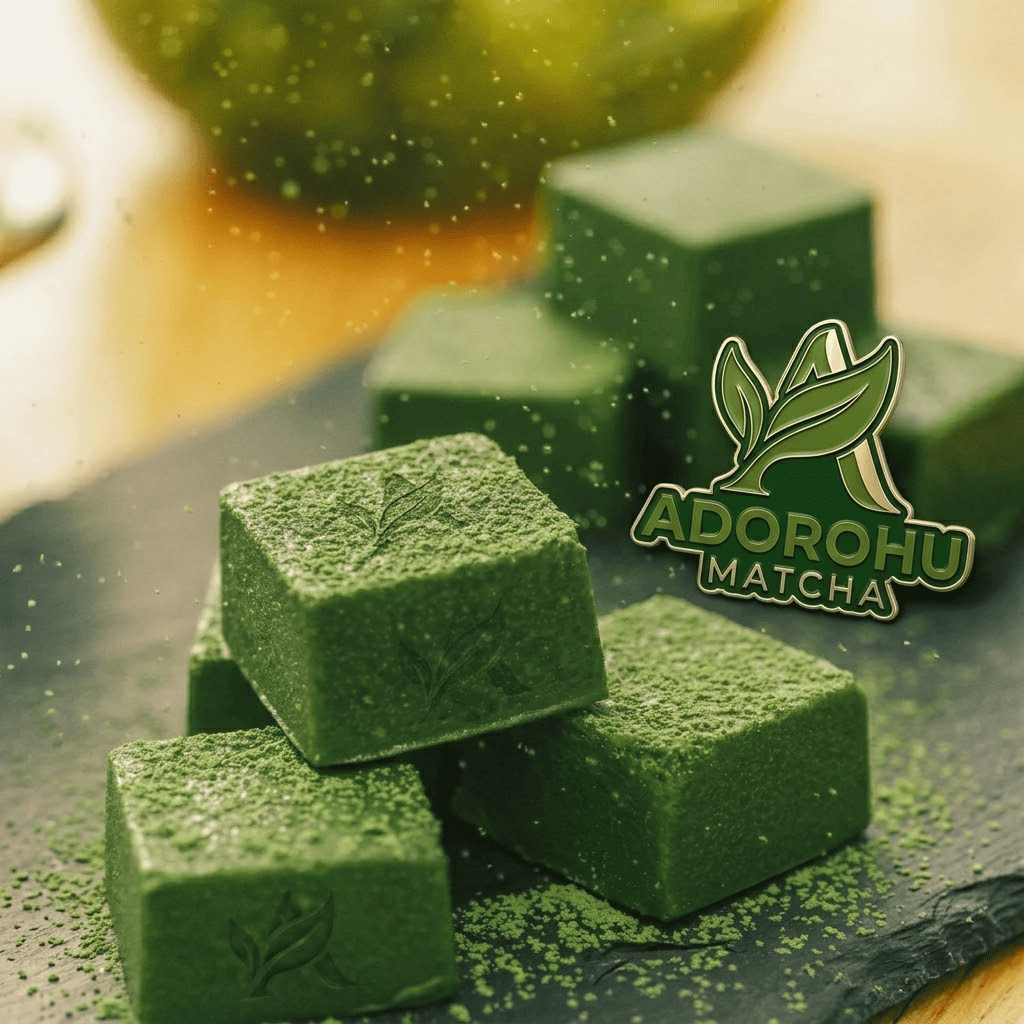 matcha dessert cubes with AdoroHu matcha branding showing premium product use