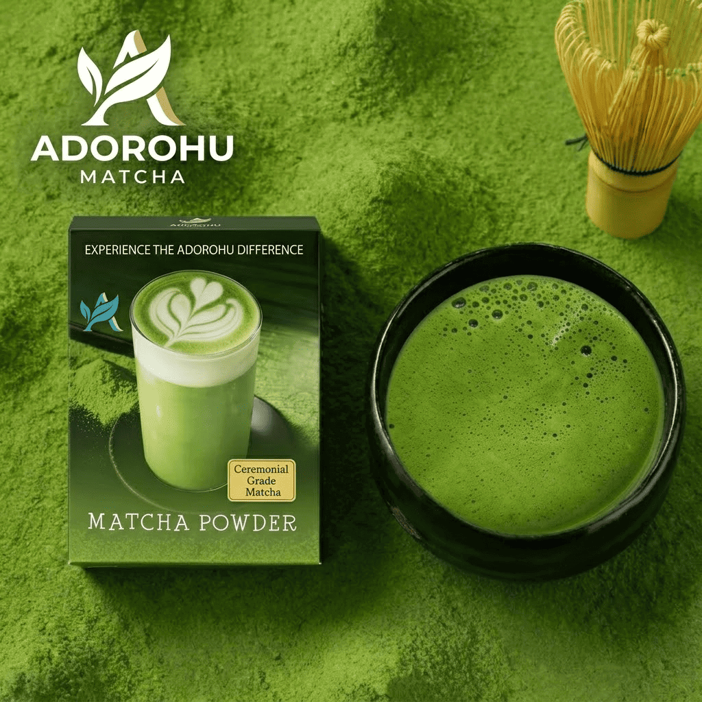 AdoroHu matcha powder product with packaging and prepared matcha drink