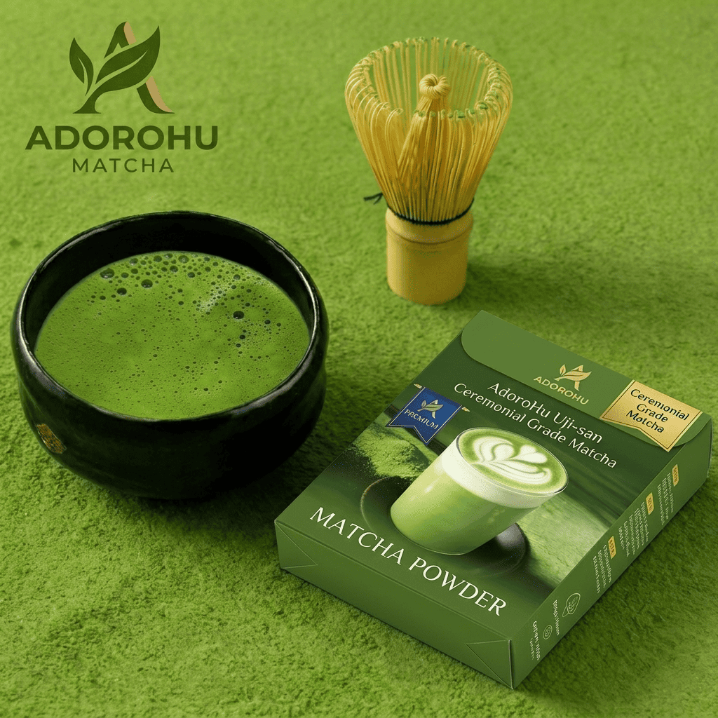 AdoroHu matcha powder packaging with prepared matcha drink and tools