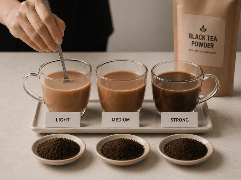 black tea powder strength levels light medium strong tea concentration control