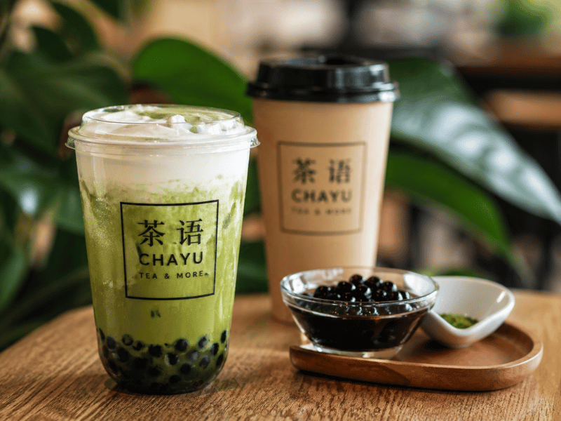Matcha branded bubble tea drinks showing retail beverage packaging and branding