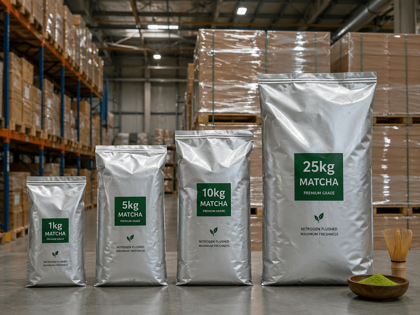 Bulk matcha powder packaging in warehouse showing large scale supply capacity