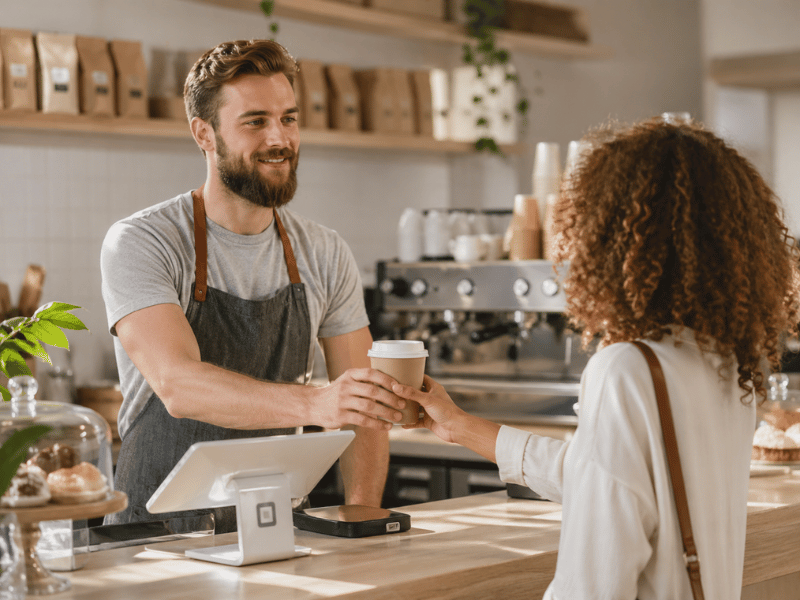Barista serving customer matcha or hojicha drink in café