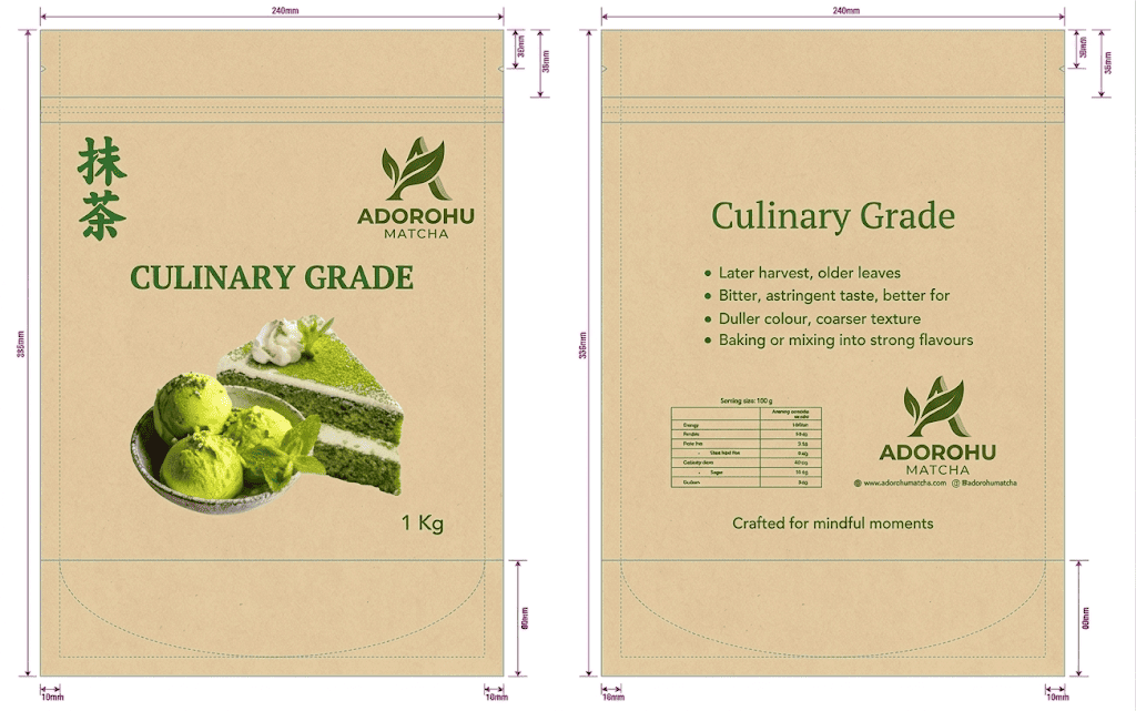 AdoroHu matcha culinary grade packaging front with dessert application design