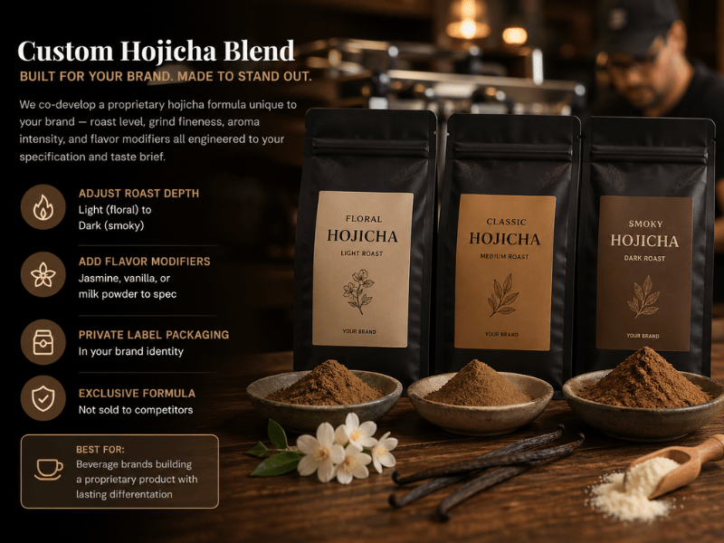 Custom hojicha blend packaging showing OEM and product customization options