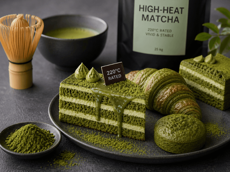 High heat matcha used in baking showing stable color in croissant and cake applications