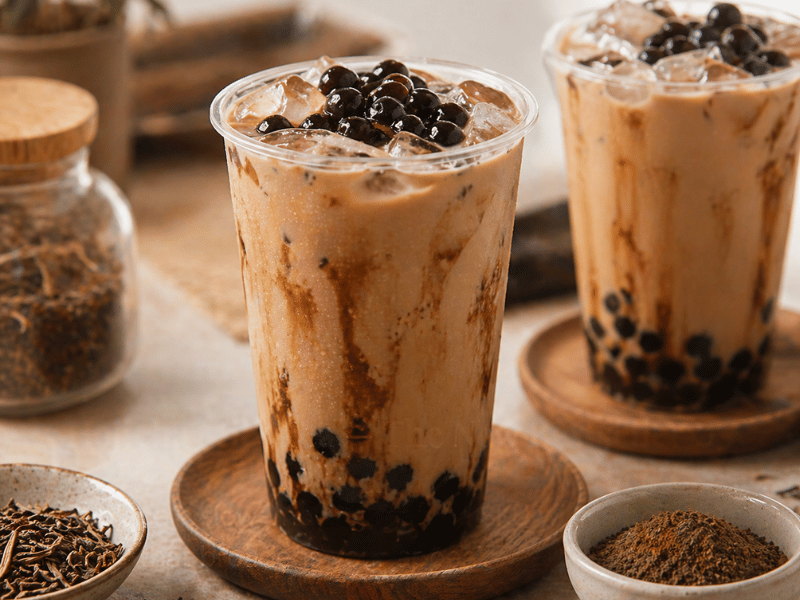 Hojicha bubble milk tea with tapioca pearls showing beverage application