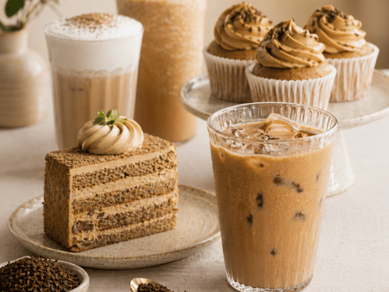 Hojicha drink with desserts showing product combination for café menu
