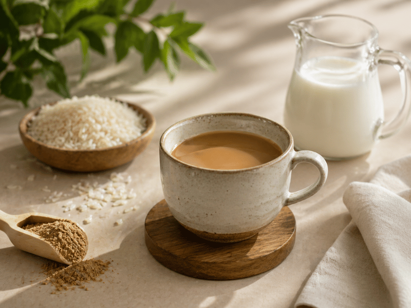 Hojicha drink with milk and rice showing ingredient combination for beverage formulation