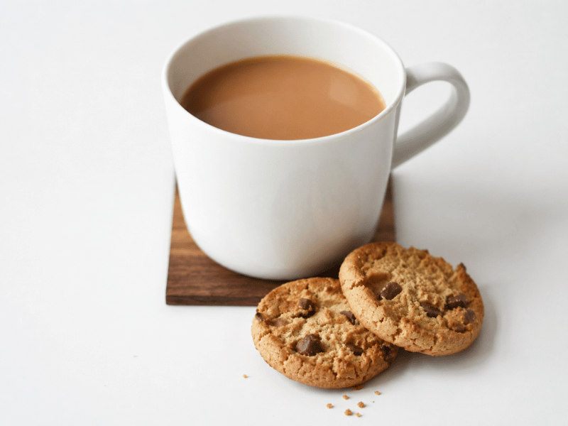 Hojicha latte served with cookies showing café application