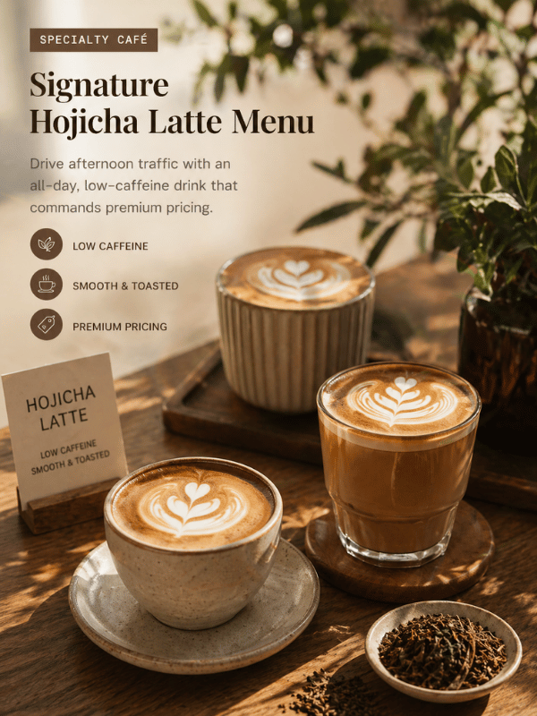 Hojicha latte menu display showing beverage offerings for café business