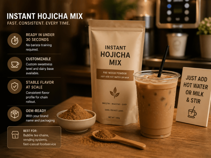 Instant hojicha mix powder showing convenient beverage solution