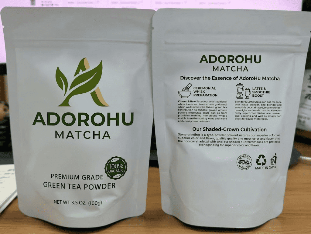 AdoroHu matcha powder stand up pouch packaging for bulk and private label