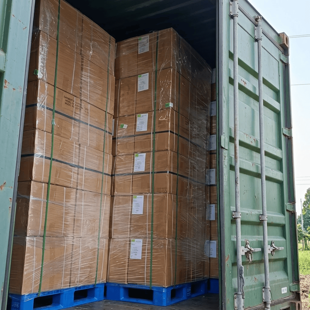matcha product pallets loaded into shipping container for export