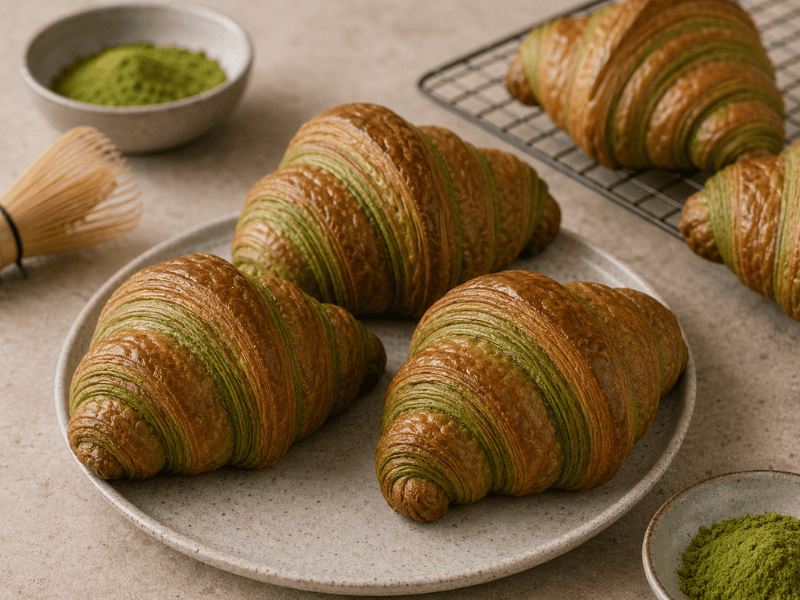 Matcha croissant showing laminated pastry application with matcha powder