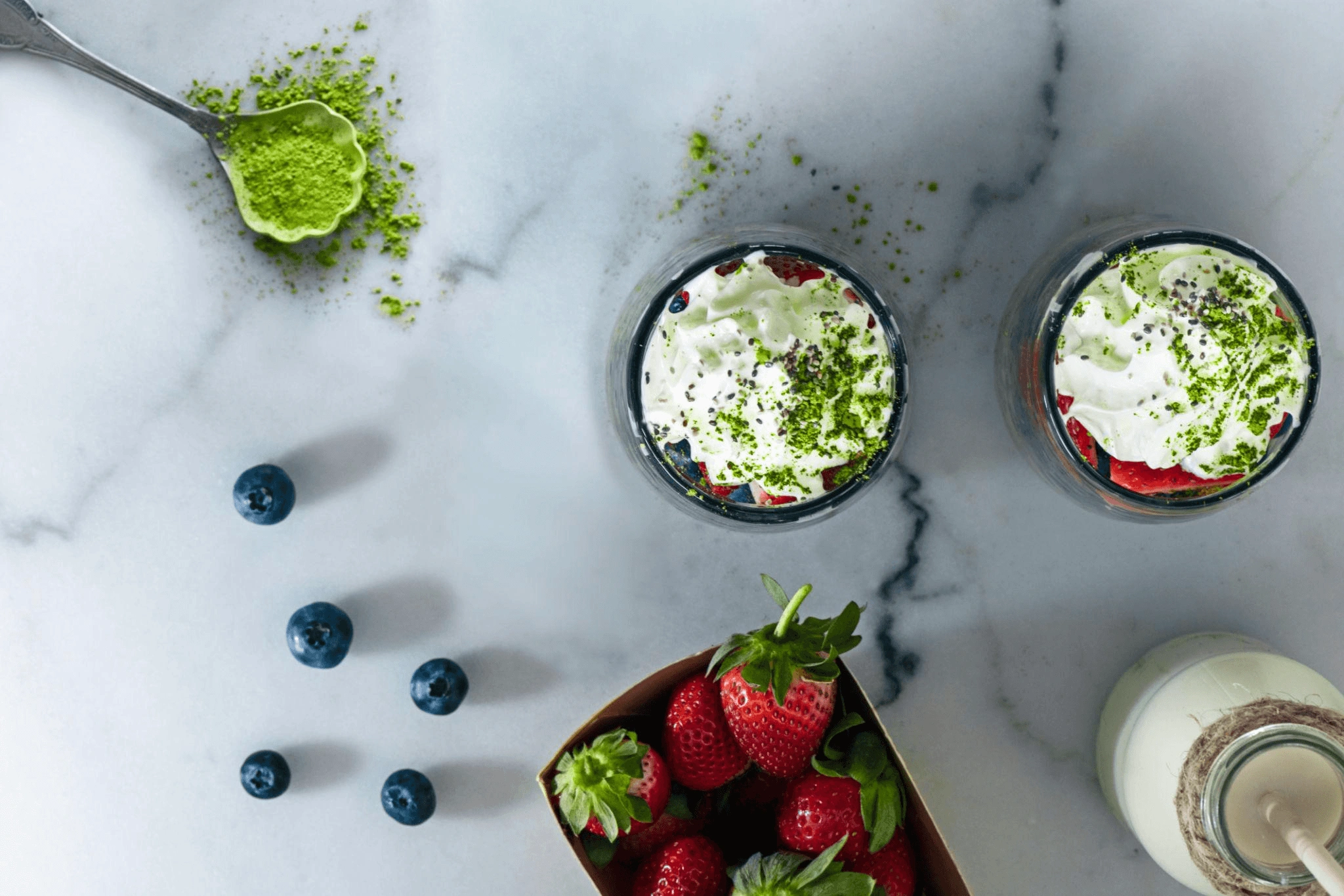Matcha desserts and fruit combinations showing food application for bakery and catering