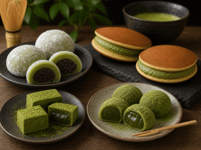 Matcha desserts including mochi and wagashi showing premium sweet applications