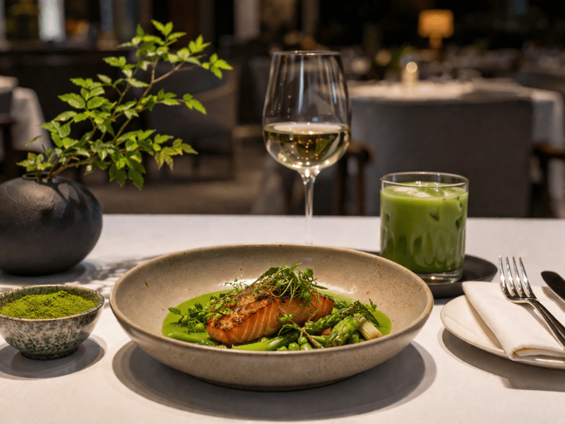 Matcha beverage paired with meal showing food service application