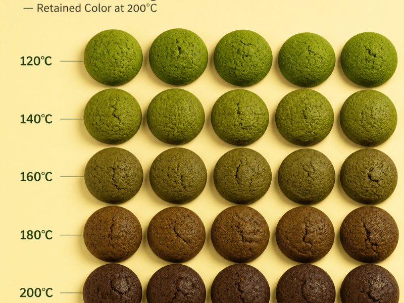 Matcha heat stability test showing color retention at different baking temperatures