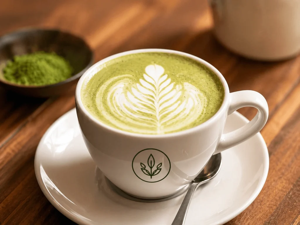 Matcha Latte in Branded Cup - Premium Matcha Powder Supplier | Organic & Wholesale Matcha from China Matcha latte served in branded cup showing beverage application for café and brand use