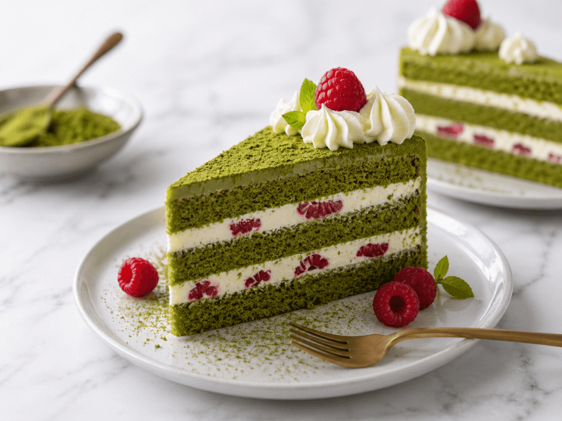 Matcha layered cake slice showing premium dessert application with vibrant color