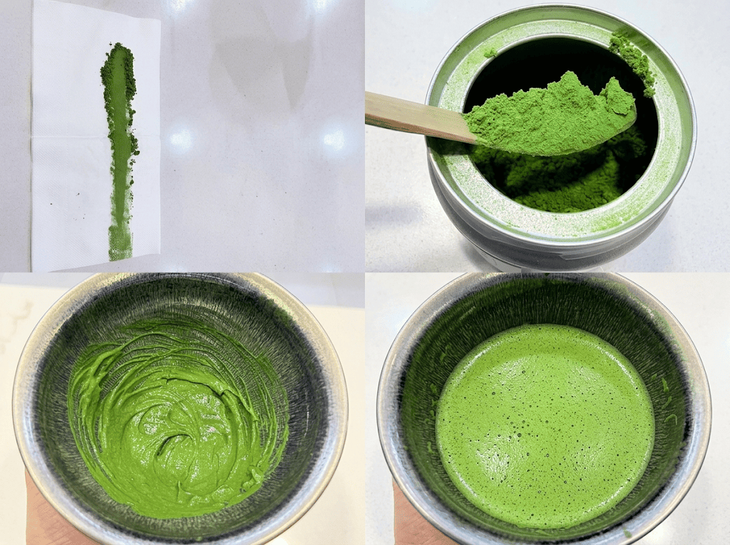 matcha powder mixing performance showing color foam and texture comparison