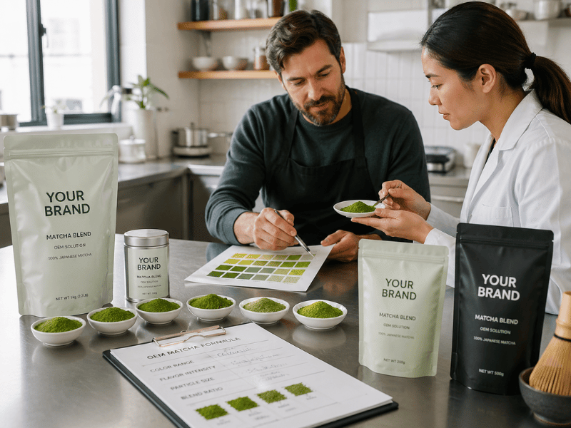 Matcha product development discussion with clients showing OEM customization process