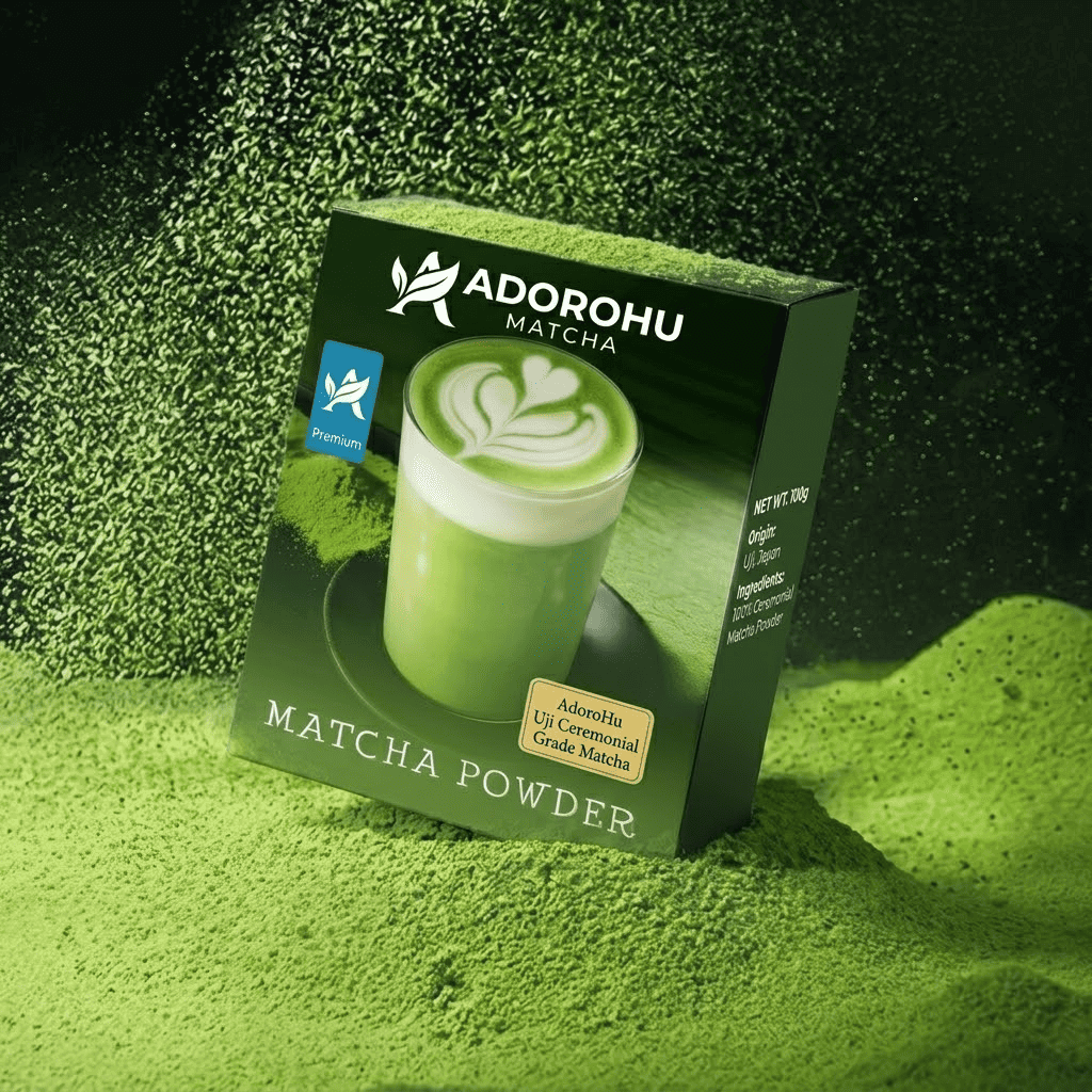 matcha powder retail packaging box with green tea powder background