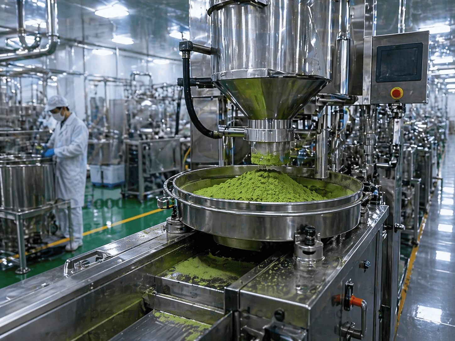 Matcha powder production line in factory showing automated manufacturing process for bulk supply