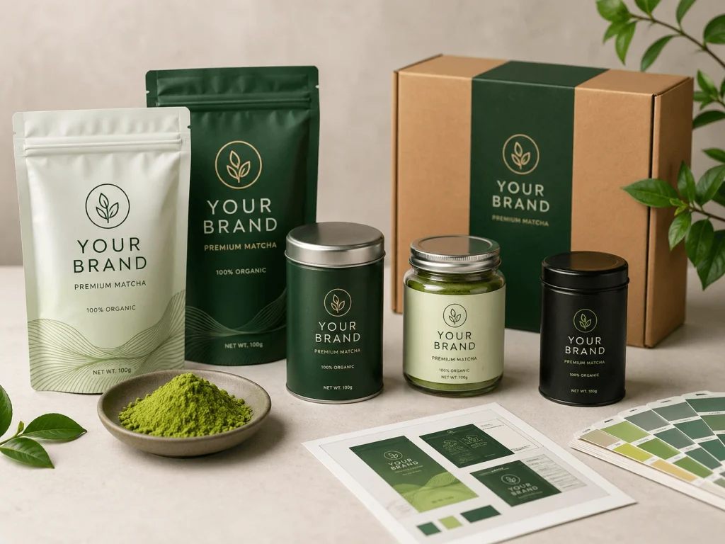 Matcha private label packaging and branding kit showing OEM customization options