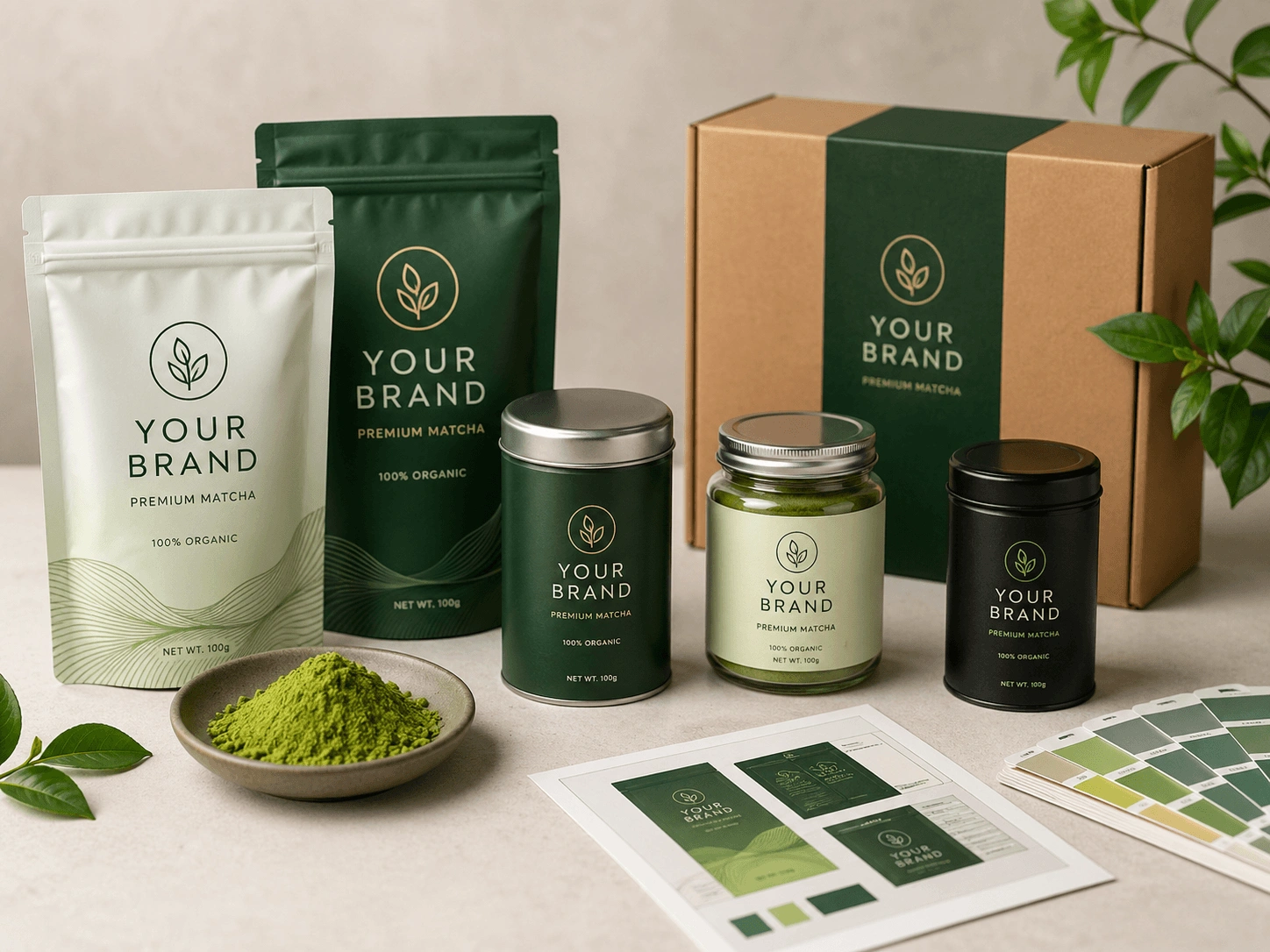 Matcha private label packaging and branding kit showing OEM customization options