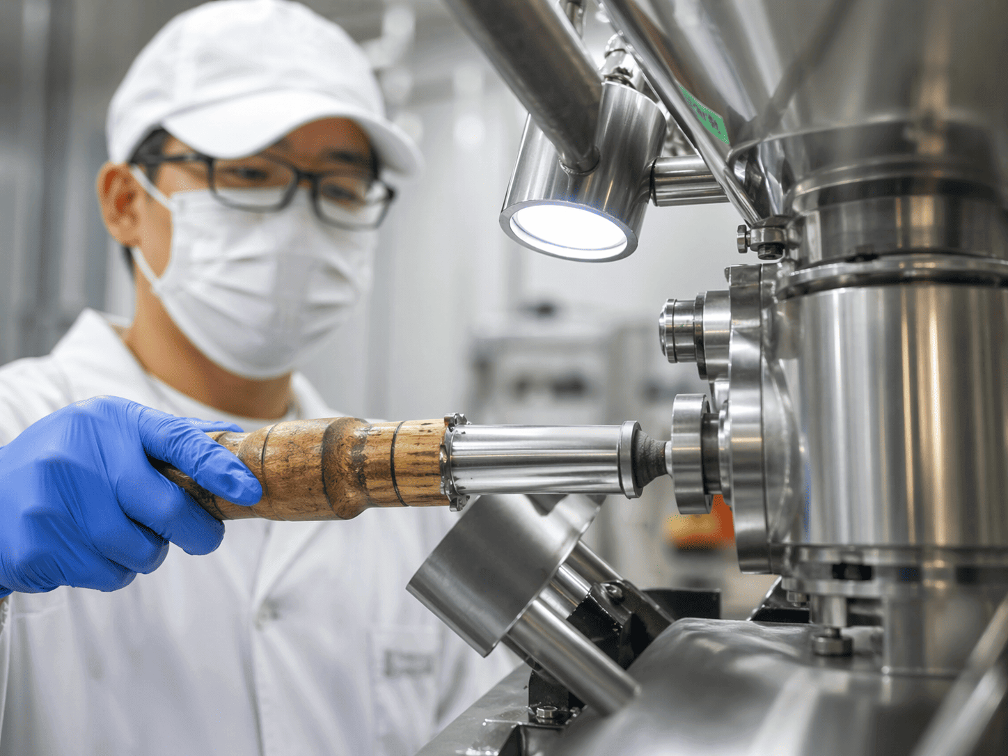 Matcha powder processing machine operation by technician ensuring precise control of production quality