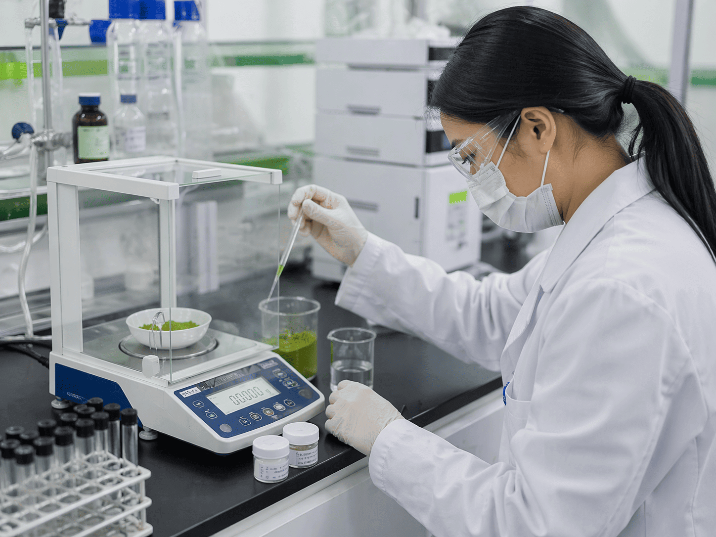 Matcha quality control laboratory testing ensuring safety and consistency for bulk matcha powder production