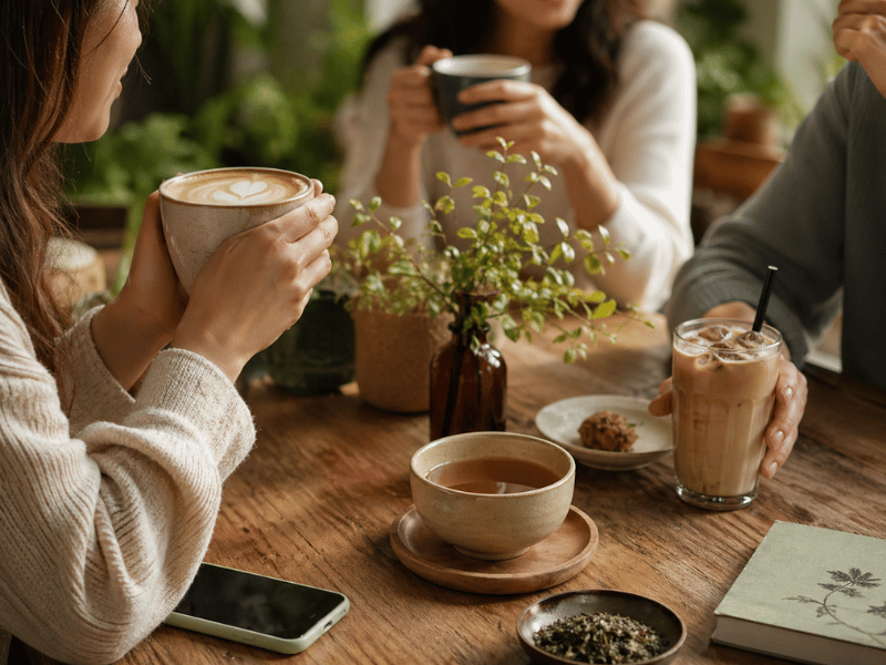 People enjoying matcha drinks in café social environment