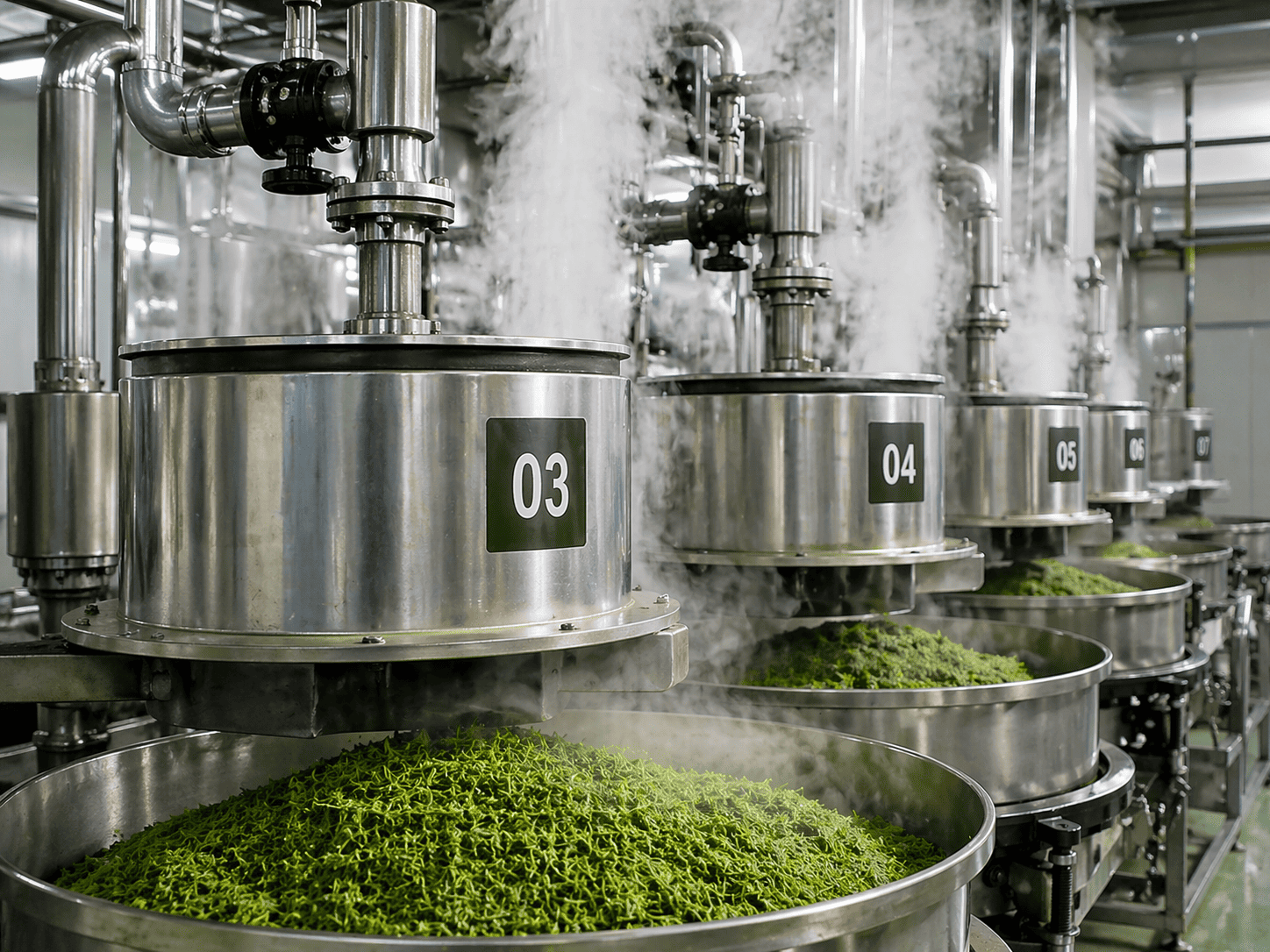 Matcha steaming process in production line preserving green color and nutrients for high quality matcha powder