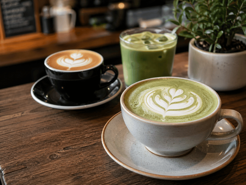 Matcha and hojicha drinks served in café showing dual product offering