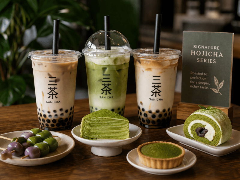 Matcha and hojicha drinks with desserts showing product range for beverage brands