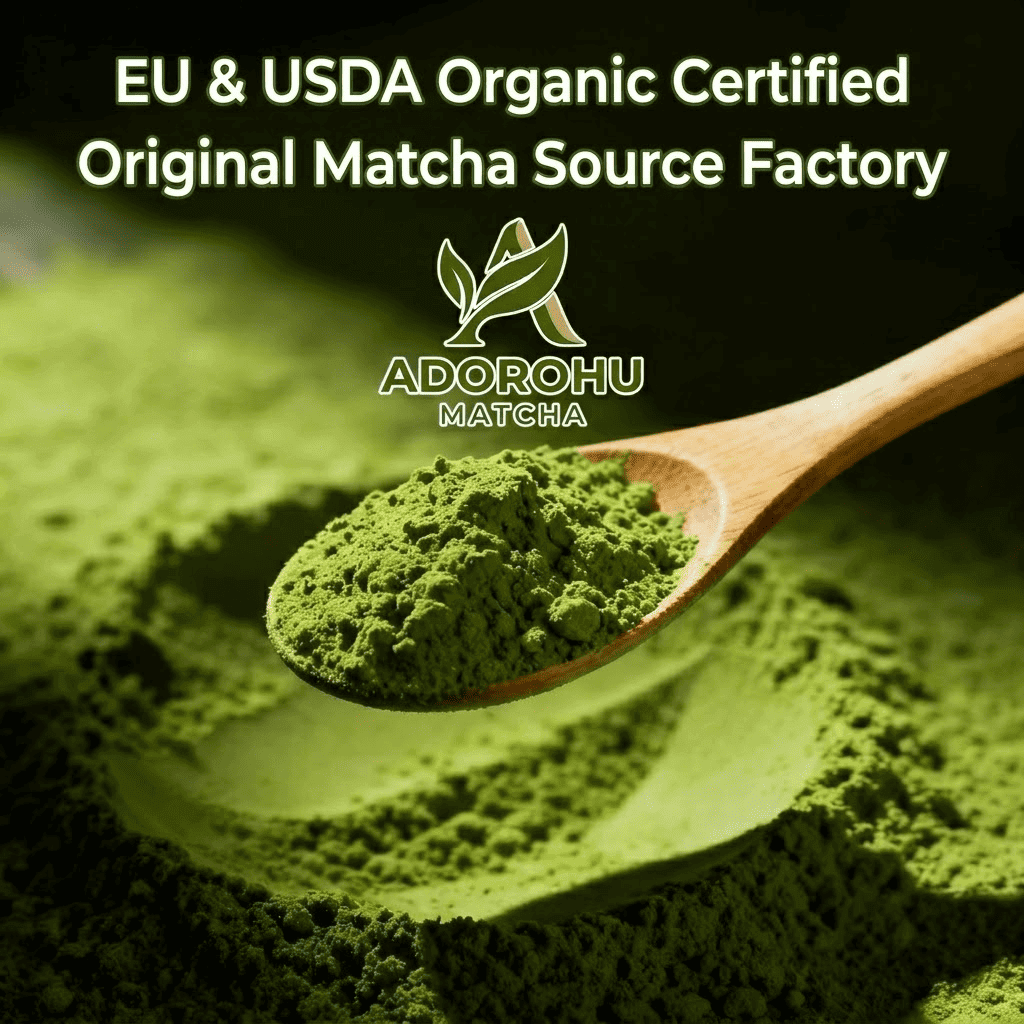 organic certified matcha powder with EU and USDA certification branding
