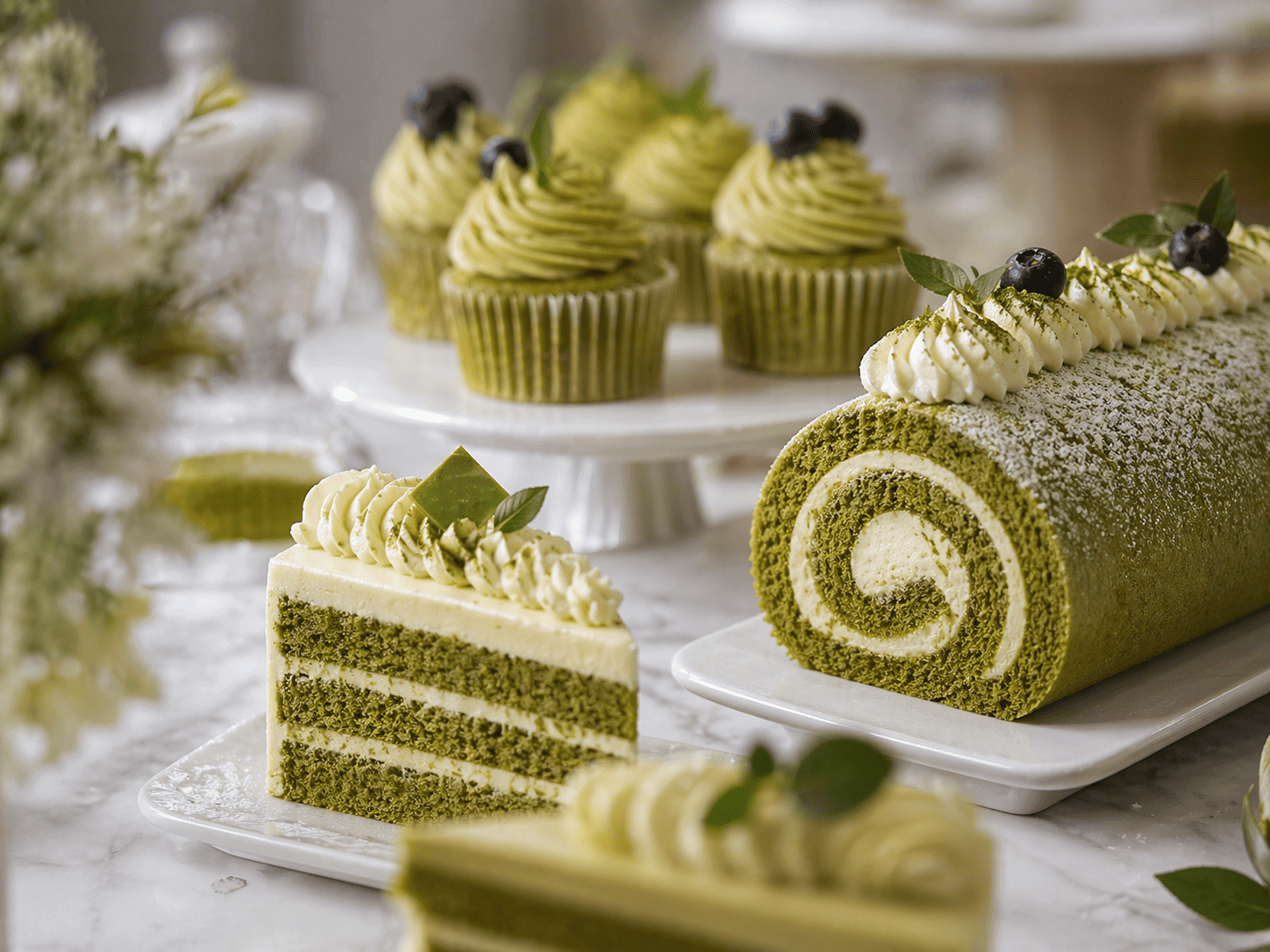 Premium matcha desserts including cake roll cupcakes and layered cake showing bakery application of matcha powder
