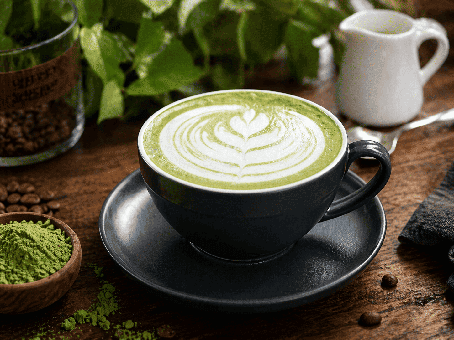 Premium matcha latte with smooth texture and latte art for high end beverage applications