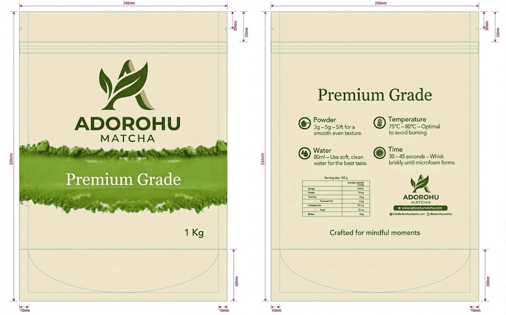 AdoroHu matcha premium grade packaging design front side 1kg bag