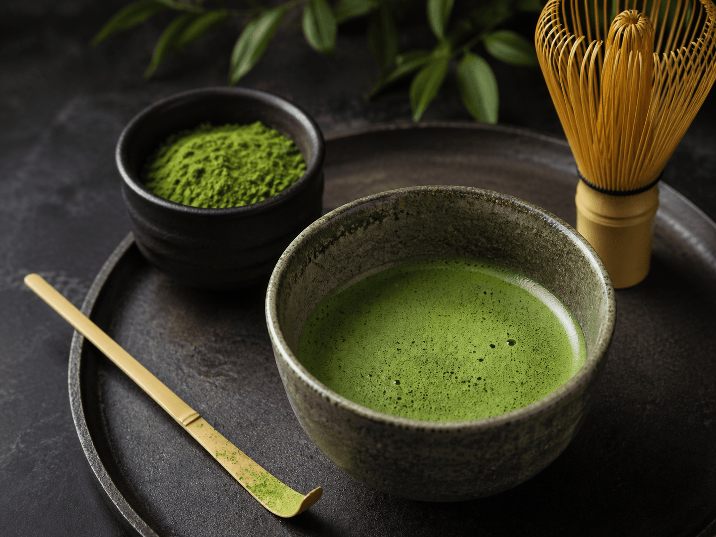 Premium matcha tea in bowl with whisk showing traditional preparation and high quality presentation