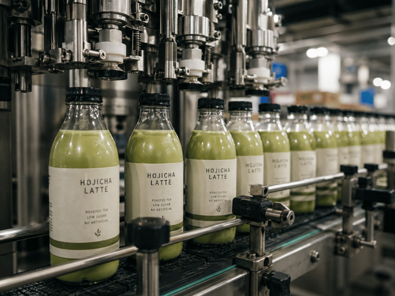 Automated bottling production line for matcha and hojicha beverages