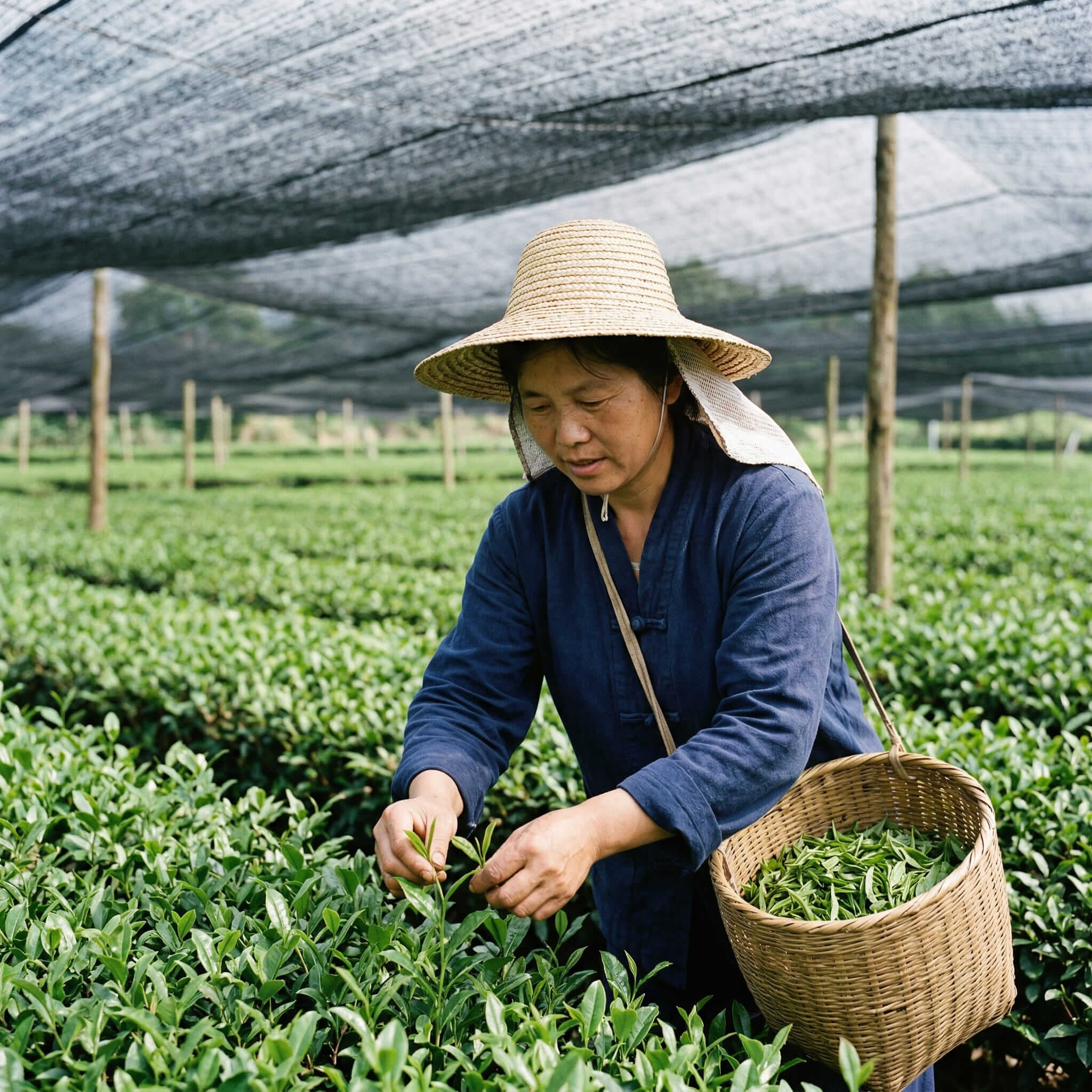 shade grown matcha tea farm in China with manual harvesting for premium quality