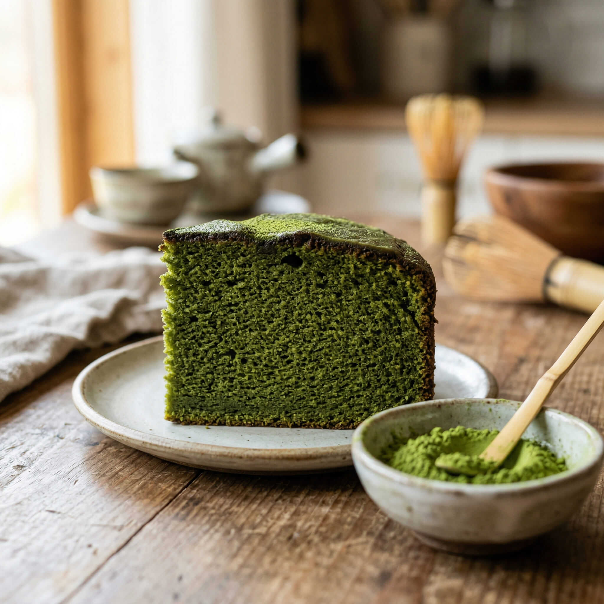 Culinary matcha powder used in baking matcha cake with rich green color and strong flavor for food production