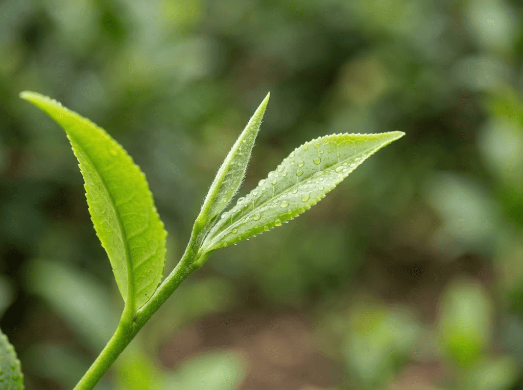 Fresh matcha tea leaves close up showing high quality raw material for premium matcha production