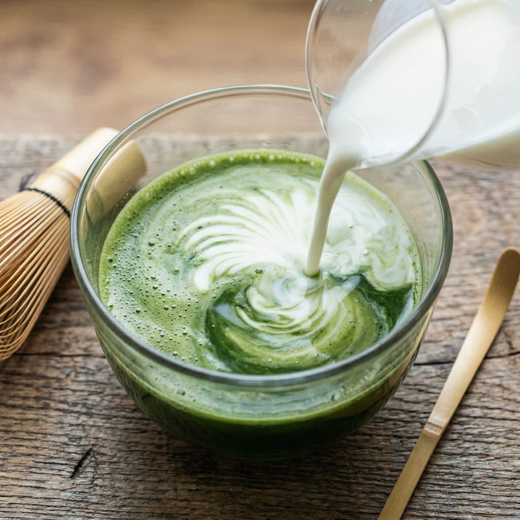 matcha-latte-milk-pouring - Premium Bulk Matcha Powder Supplier from China. Milk pouring into matcha creating matcha latte beverage application
