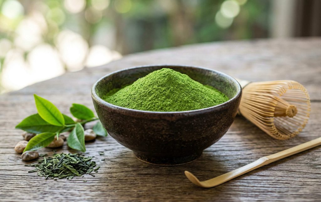 matcha-powder-natural-leaves - Premium Matcha Powder Supplier | Organic & Wholesale Matcha from China Matcha latte with latte art presentation, suitable for premium café and beverage branding applications.