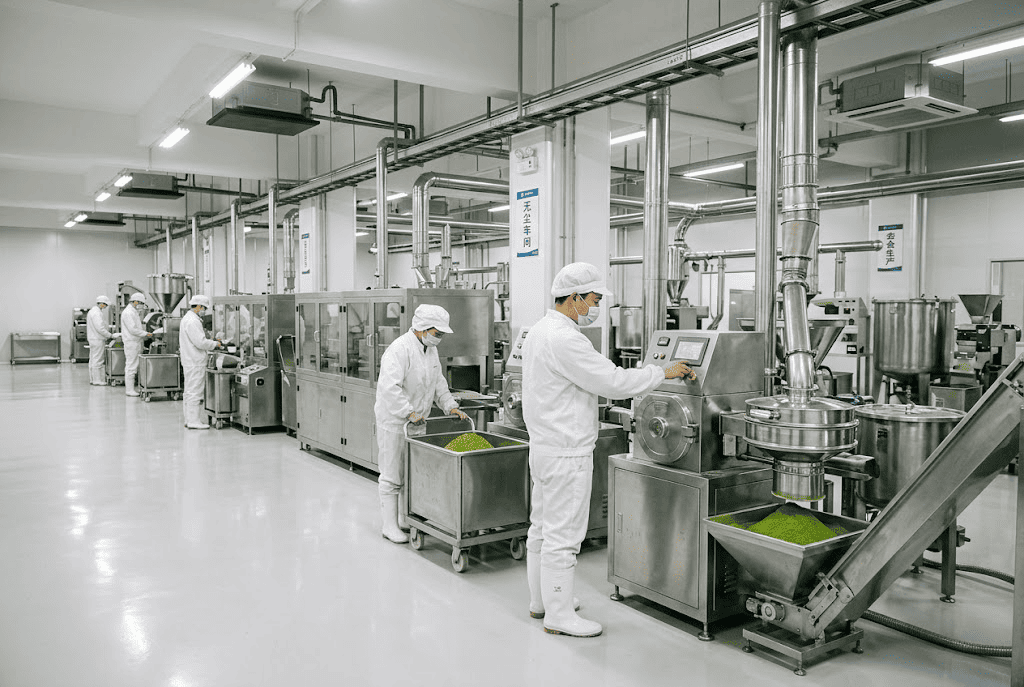 Matcha powder production factory in China with modern processing facility for bulk manufacturing