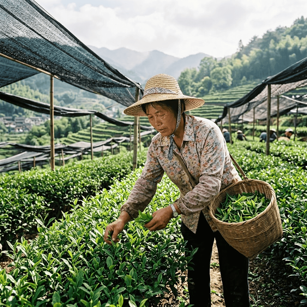 Matcha tea leaf harvesting in China farm by workers ensuring fresh raw material for high quality matcha powder